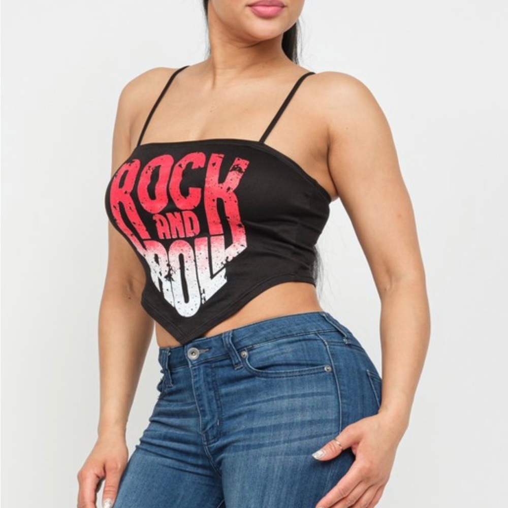 Women's Black Rock & Roll Spaghetti Straps Diamond Shape Cut Crop Top